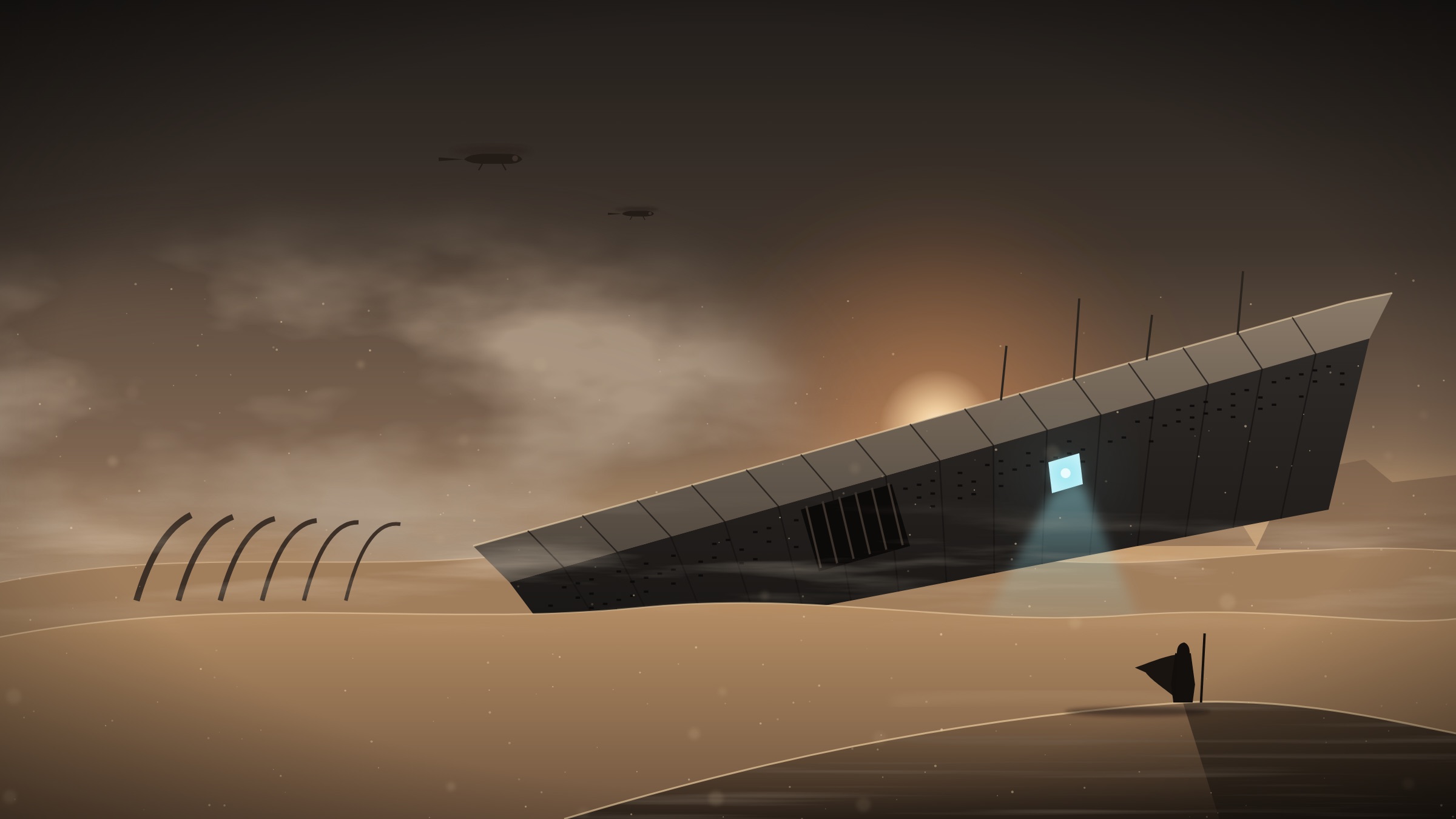 A colossal colony ship half-buried in desert dunes at dusk; cyan light spills from an open hatch.