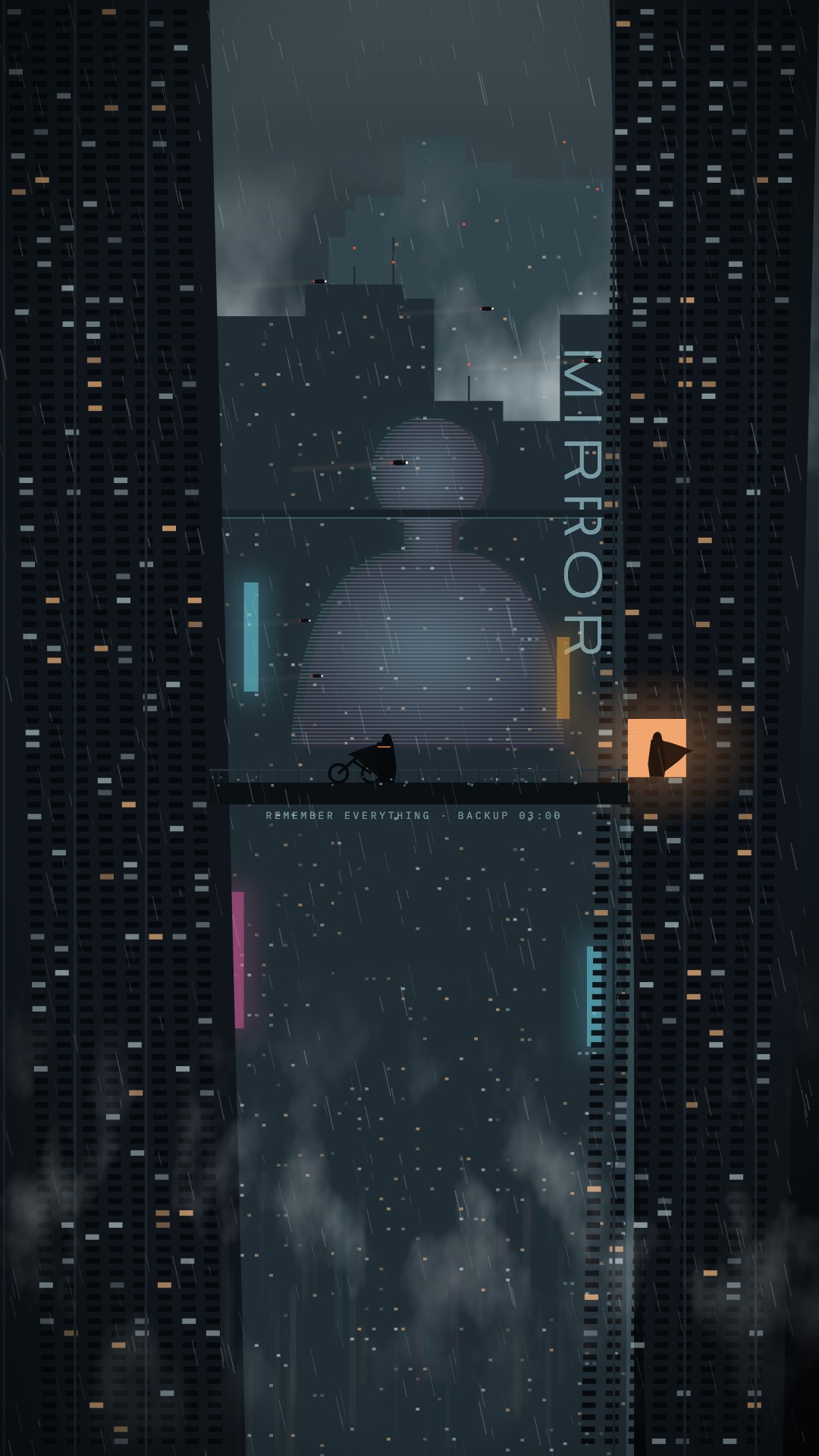 A rain-soaked canyon of towers; a courier on a sky-bridge faces a lit window where someone with her face stands.