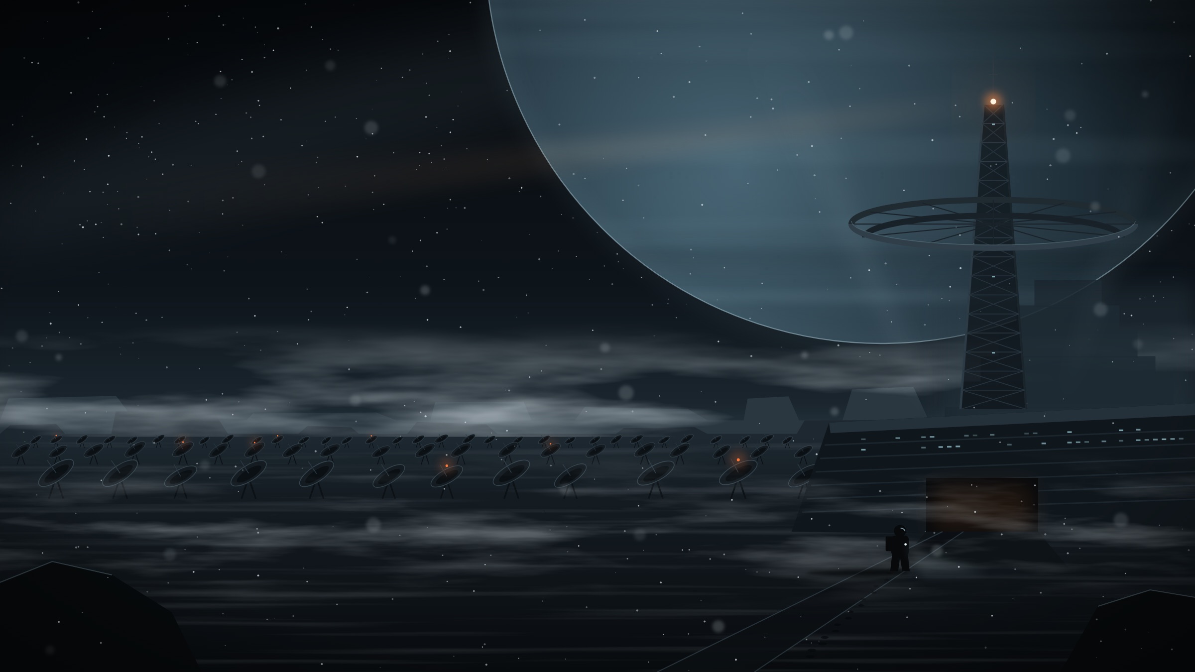 The Halcyon Relay tower on Triton under Neptune, an orange beacon at its top.